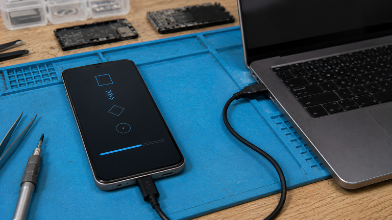 android recovery modes fastboot recovery download mode adb sideload shown as a realistic Android repair desk troubleshooting scene