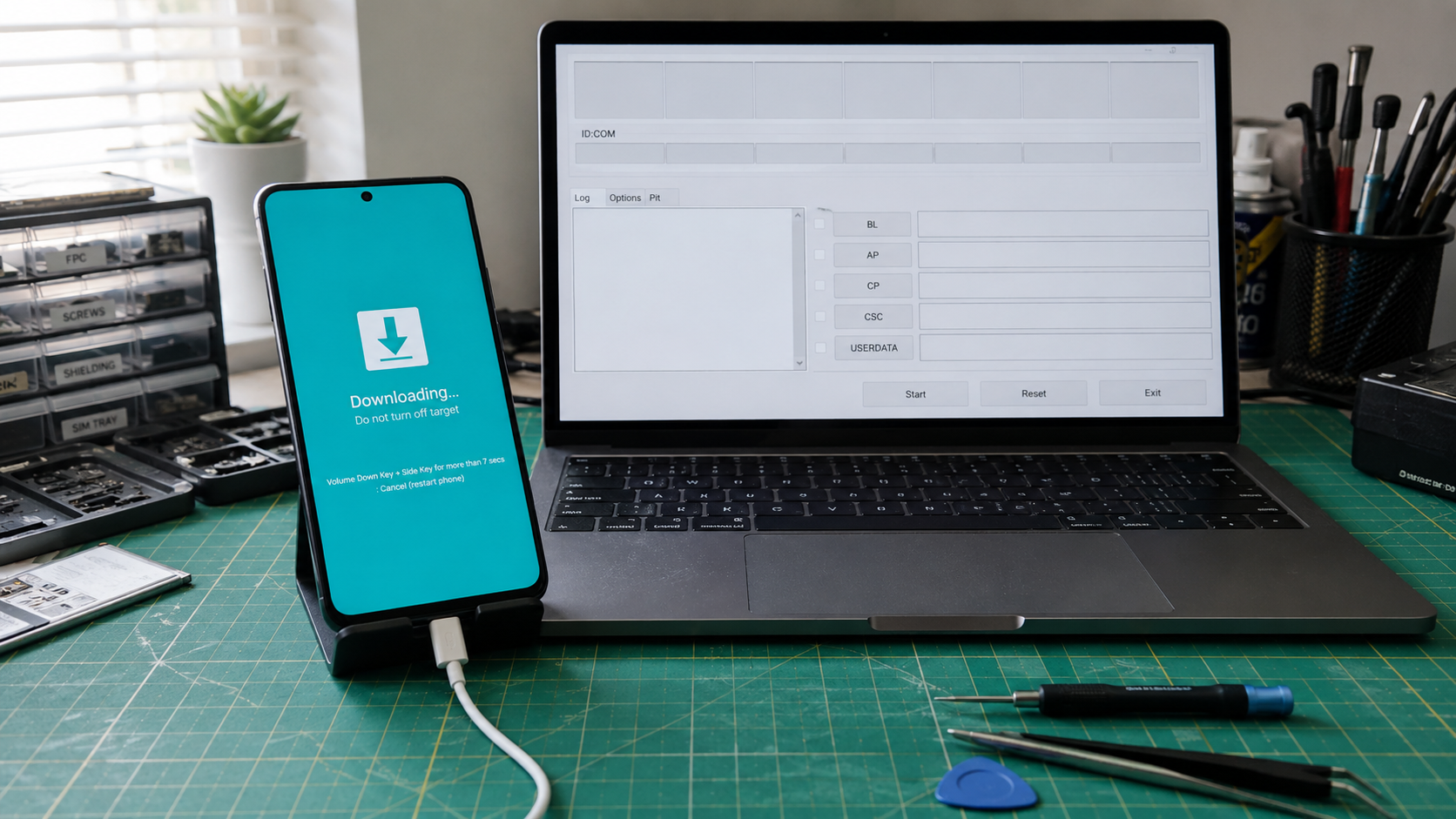 Galaxy A52 USB driver installed Odin COM blank Windows 11 shown as a realistic Android repair desk troubleshooting scene