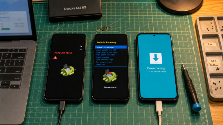 Galaxy A53 OTA update not enough space shown as a realistic Android repair desk troubleshooting scene