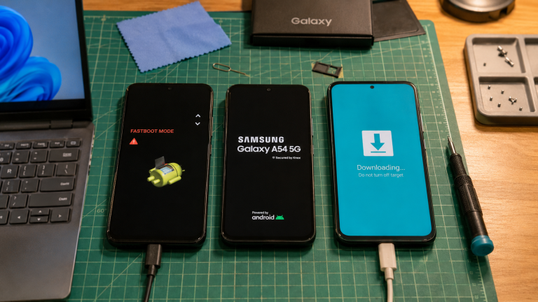 galaxy a54 boot loop after ota before factory reset shown as a realistic Android repair desk troubleshooting scene