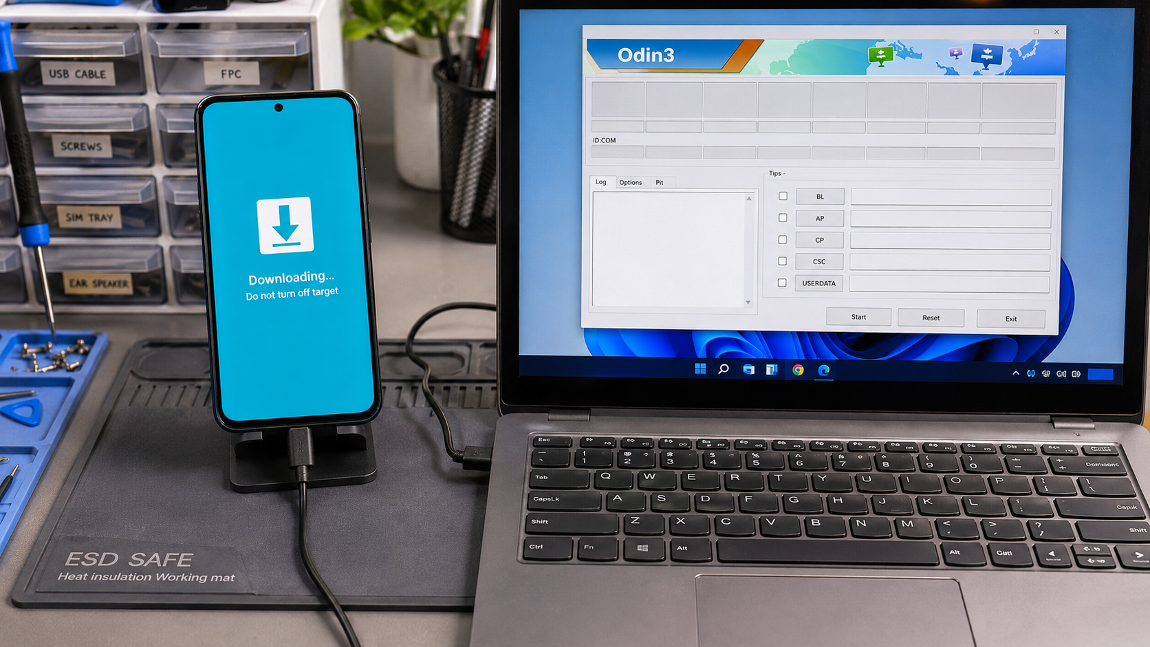 Galaxy A54 Download Mode not showing in Odin after driver install shown as a realistic Android repair desk troubleshooting scene