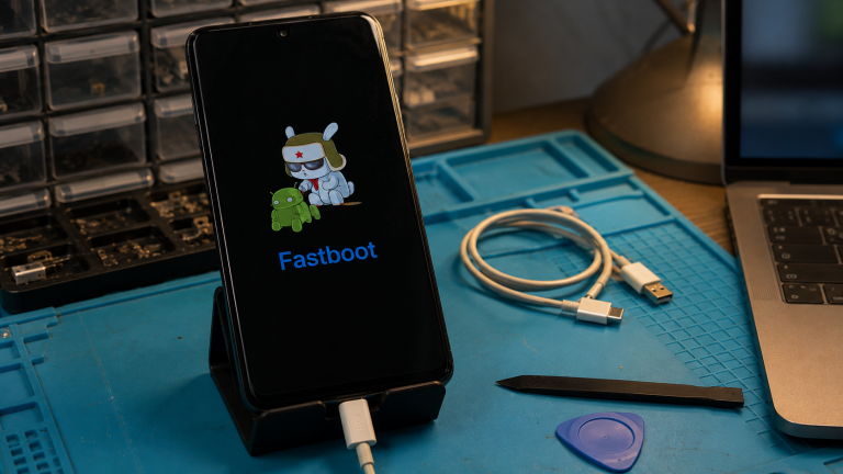Redmi Note 10 stuck volume button false Fastboot shown as a realistic Android repair desk troubleshooting scene