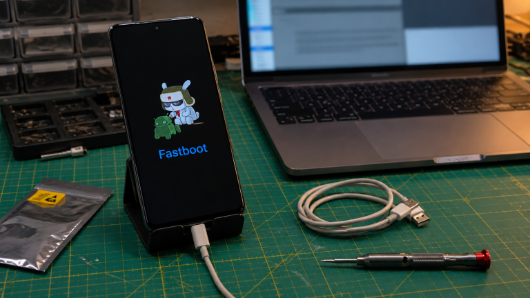Redmi Note 12 Fastboot returns after reboot shown as a realistic Android repair desk troubleshooting scene