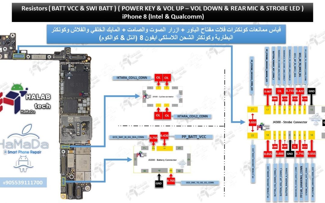 مخطط قياس ممانعات كونكترات فلات مفتاح الباور + ازرار الصوت والصامت + المايك الخلفي والفلاش وكونكتر البطارية وكونكتر الشحن اللاسلكي ايفون 8 (انتل & كوالكوم) ======= Resistors BATT VCC & SWI BATT POWER KEY & VOL UP – VOL DOWN & REAR MIC & STROBE LED IPHONE 8 Intel & Qualcomm