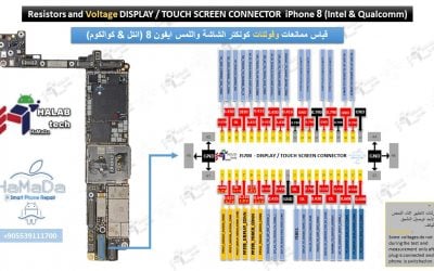 مخطط قياس ممانعات وفولتات كونكتر الشاشة واللمس ايفون 8 (انتل & كوالكوم)  =====   Resistors and Voltage DISPLAY / TOUCH SCREEN CONNECTOR  iPhone 8 Intel & Qualcomm