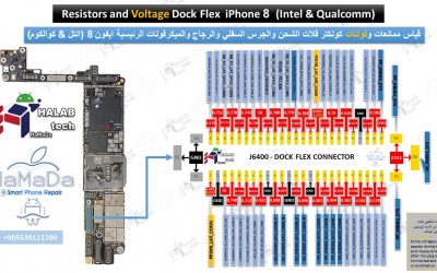 مخطط قياس ممانعات وفولتات كونكتر فلات الشحن والجرس السفلي والرجاج والميكرفونات الرئيسية ايفون 8 (انتل & كوالكوم) ============= Resistors and Voltage Dock Flex iPhone 8 Intel & Qualcomm