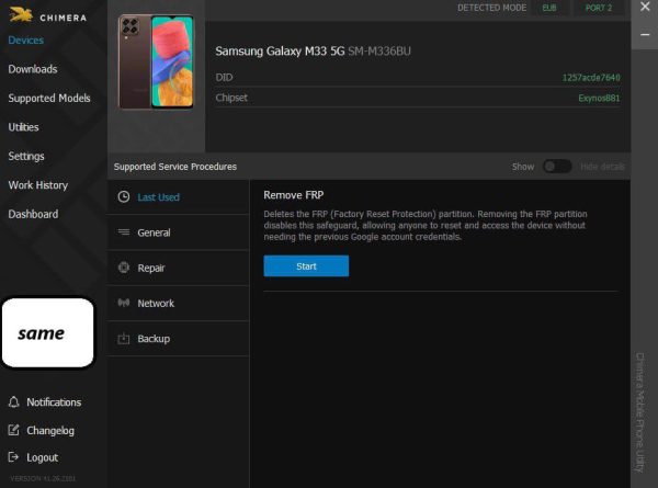 Samsung Galaxy M33 5G SM-M336BU  Reset Frp By Chimera Eub Mode